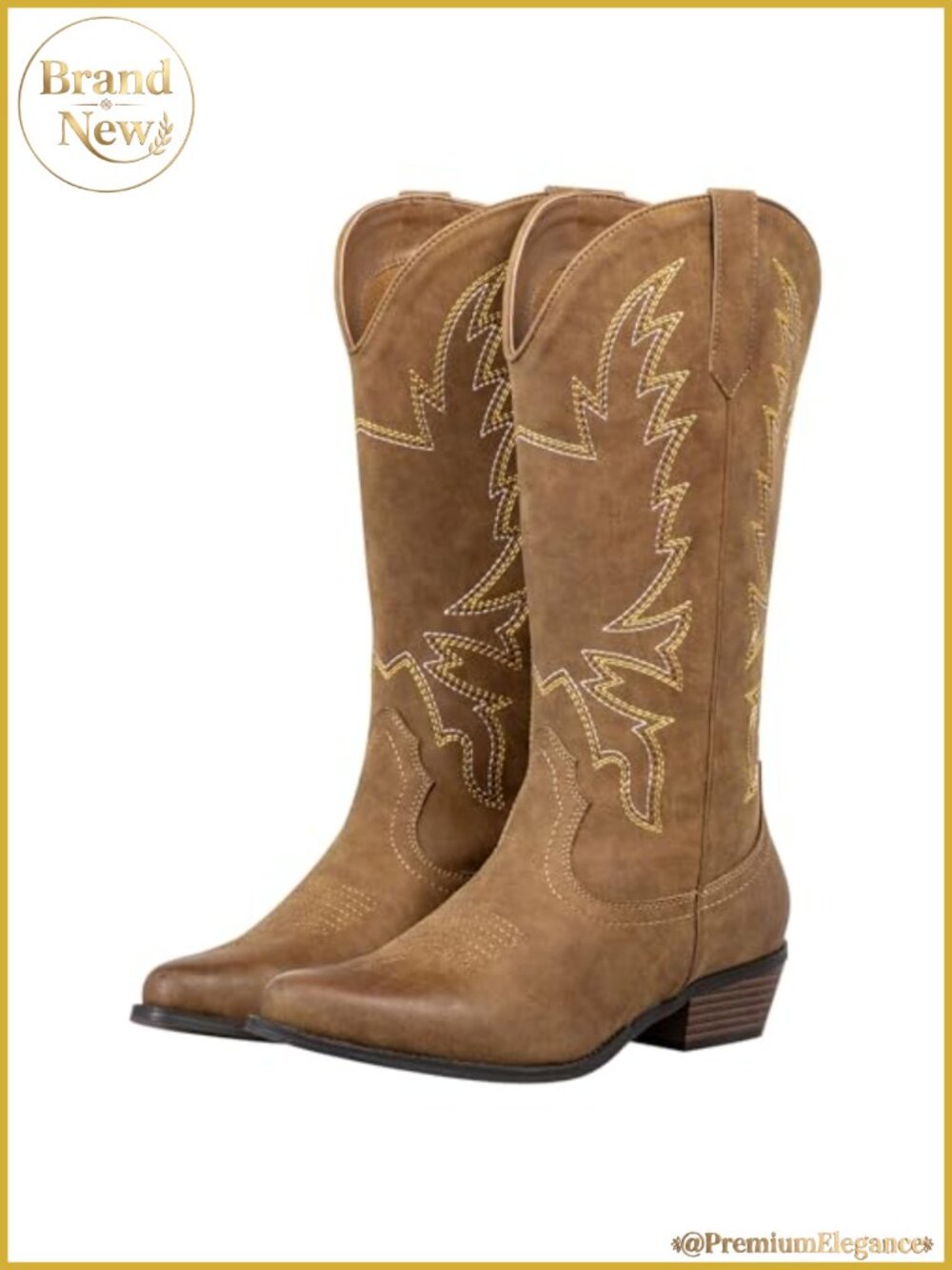 Wide Calf Cowboy Boots Women Pointed Toe Chunky Low Heel Faux Leather